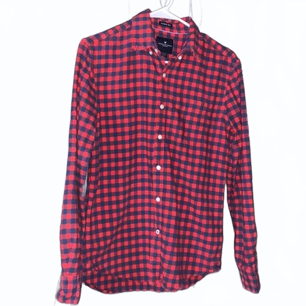 American Eagle Mens XL Flannel Shirt Red Navy Buffalo Check Athletic‎ Fit NWT